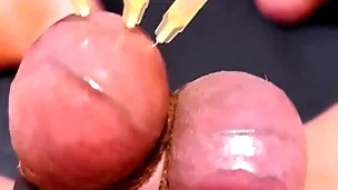 Testicle skewering cbt, edging & cumshot take 3 needles, precum & stretched balls
