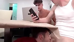 Young stepbro decides to go farther down than the table with the addition of suck two stepbrother's dicks - myhotbro