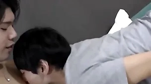 Cute japanese twink doggystyle fucked before shared cumshot