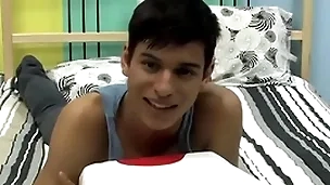 Cute twink is effectuation with his cock during an interview