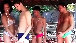 Three latino lovers have fixed lady-love session everywhere three lusty sluts outdoors