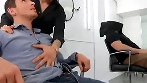 Dark-haired hotties san bass & killiam wesker swap sloppy blowjobs more than the barber chairperson - reality dudes