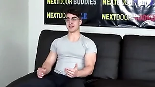 Muscled solo stud with glasses wanks with an increment of cums on the casting