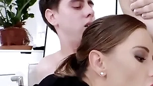 AC/DC office babe fucked in mmf 3some charges deep sucking