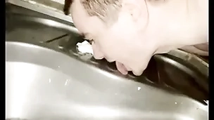 Joyous small fry licking public lido toilet
