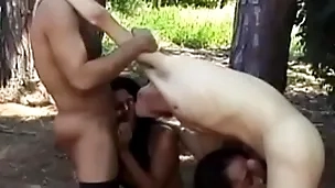 Two hot latinas sucks their men's tools out with respect to the forest
