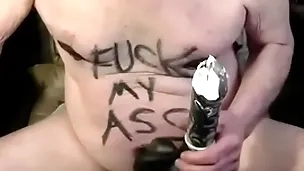 Tonyslave training his male cleft with dildo