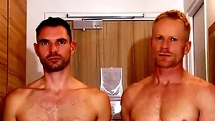 Handsome blonde fitness trainer serviced at the end of one's tether a huge dick guy.