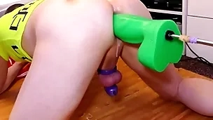 Mike trying out the chunky mean green boogeyman dildo for size after a long time locked in chastity