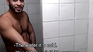 Two hot amateur young latino jocks paid finances by stranger all over mad about in gym shower